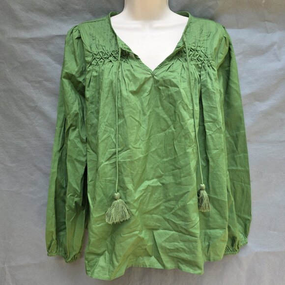 Talbots Size Medium Solid Camo Green Shirt Peasant Blouse Pleated Tassels Boho - Picture 1 of 8